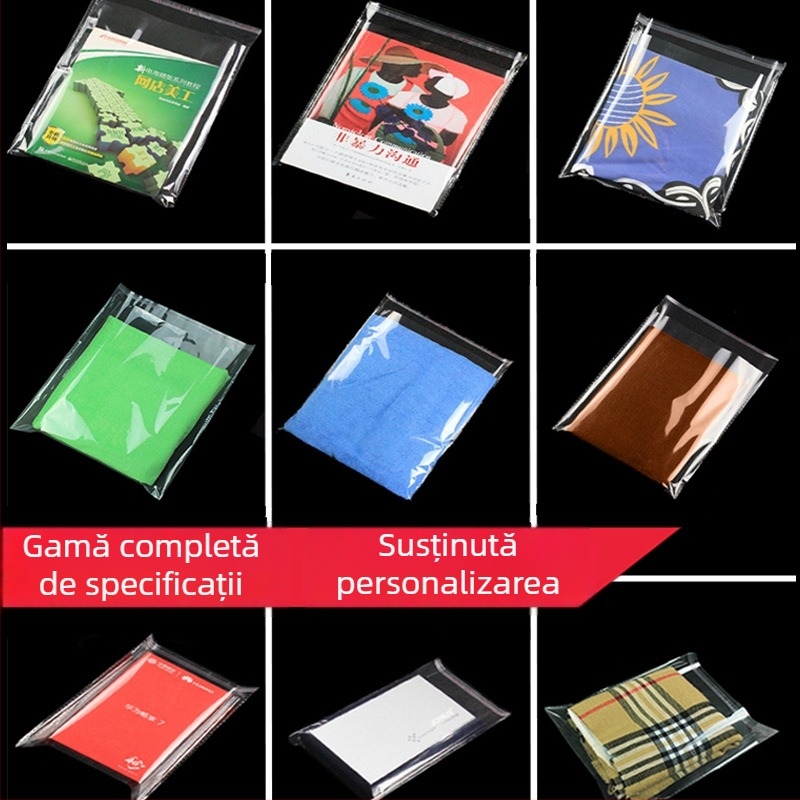 Geantă autoadezivă pentru haine – pungă transparentă din plastic pentru ambalarea tricourilor, cu logo imprimat, 100% material nou