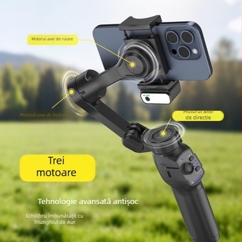 Gimbal pentru telefon – stabilizator cu 3 axe, ortogonal, 180° orizontal, aliaj de aluminiu, control prin aplicație, urmărire facială
