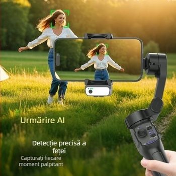 Gimbal pentru telefon – stabilizator cu 3 axe, ortogonal, 180° orizontal, aliaj de aluminiu, control prin aplicație, urmărire facială