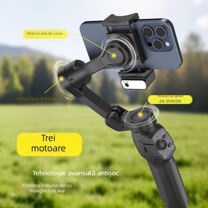 Gimbal pentru telefon – stabilizator cu 3 axe, ortogonal, 180° orizontal, aliaj de aluminiu, control prin aplicație, urmărire facială