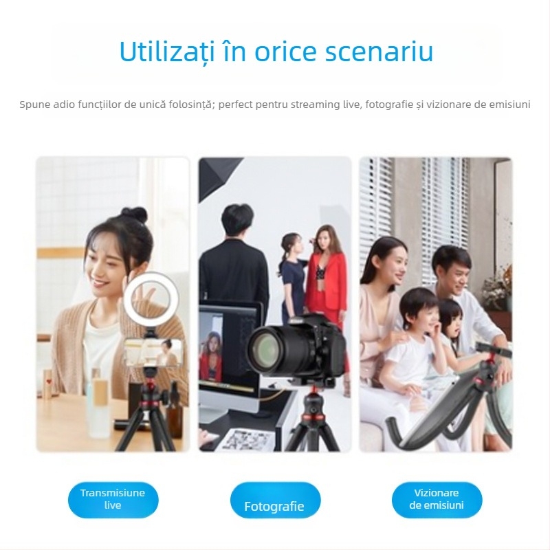 Suport pentru telefon în formă de caracatiță pentru birou, trepied Bluetooth compact cu cap sferic, materiale plastic + aluminiu, capacitate de încărcare până la 2 kg, greutate 295 g