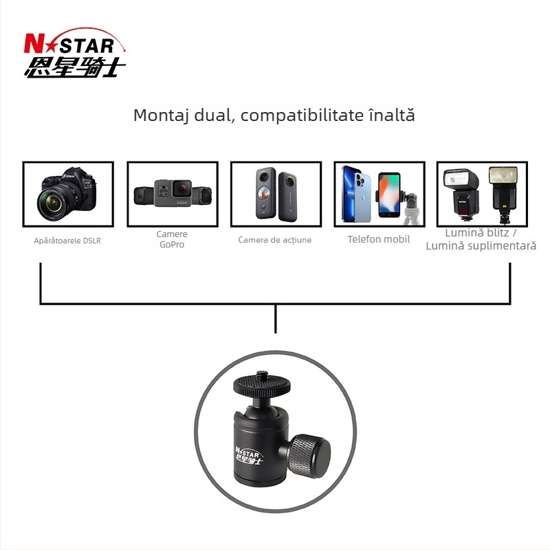 Gimbal pentru cameră cu 3 ventuze - portabil, rotire orizontală de 360°, înclinare verticală de 90°, aliaj de aluminiu, pentru camere mirrorless, iluminare