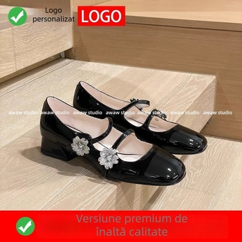 Pantofi Mary Jane pentru femei, vârf pătrat, piele lacuită, cataramă cu cristale în formă de floare, toc mic și gros, închidere cu cataramă, încălțăminte casual
