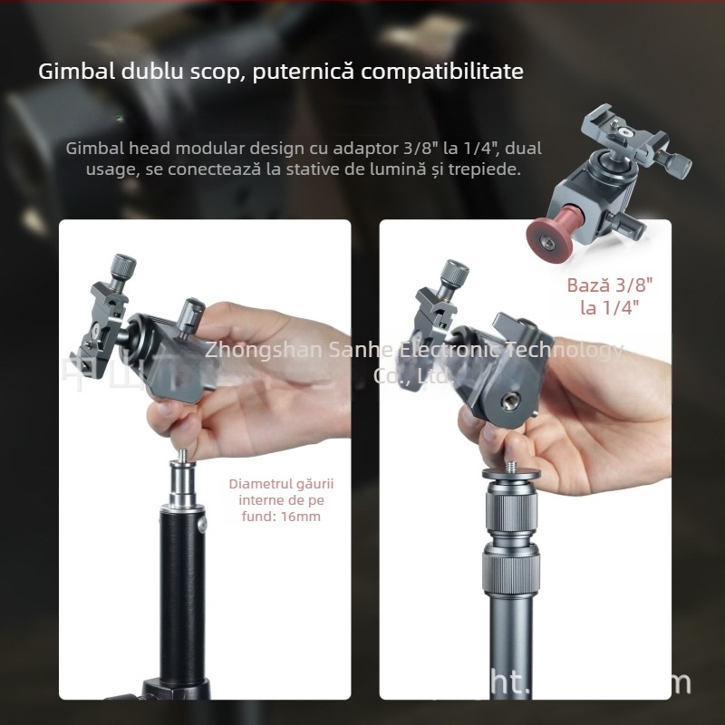 Adaptor pentru stativ de iluminat cu cap gimbal din aliaj de aluminiu | Compatibil cu camere universale cu șurub 1/4-inch la bază | Rotire verticală 90°, Rotire orizontală 0° | LEAPLIGHT