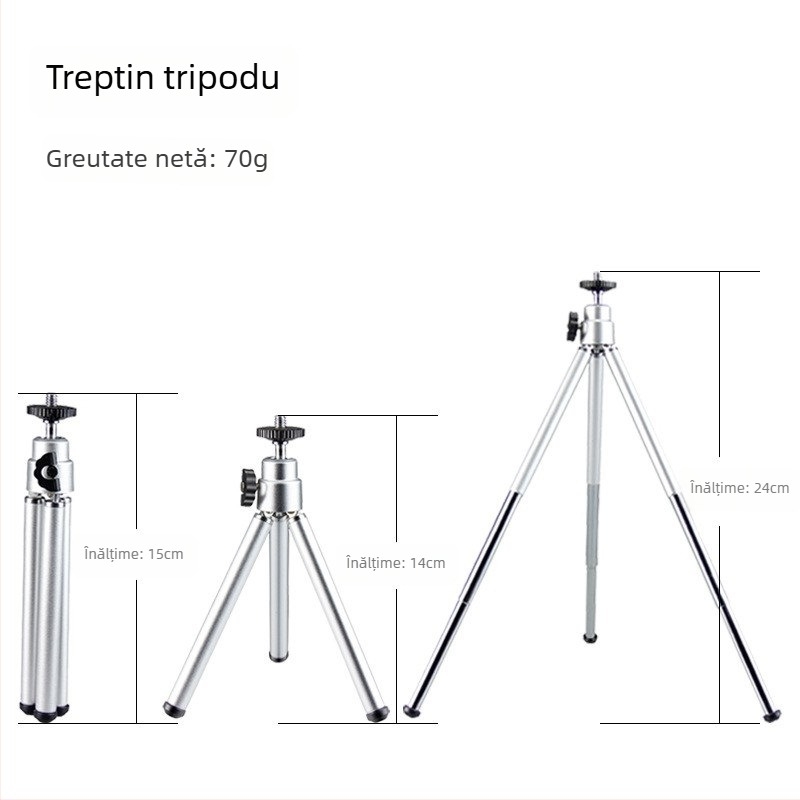 Trepied cu trei secțiuni, construcție metalică, sistem 3D gimbal, sarcină sub 2 kg