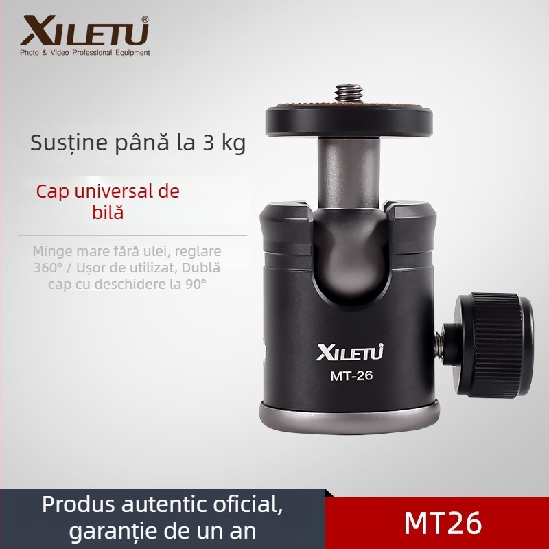 Xiletu MT-26 mini cap de tip balon pentru cameră – pentru telefon, DSLR/mirrorless și GoPro; aliaj de aluminiu; rotație 360° orizontală și verticală; greutate 140 g