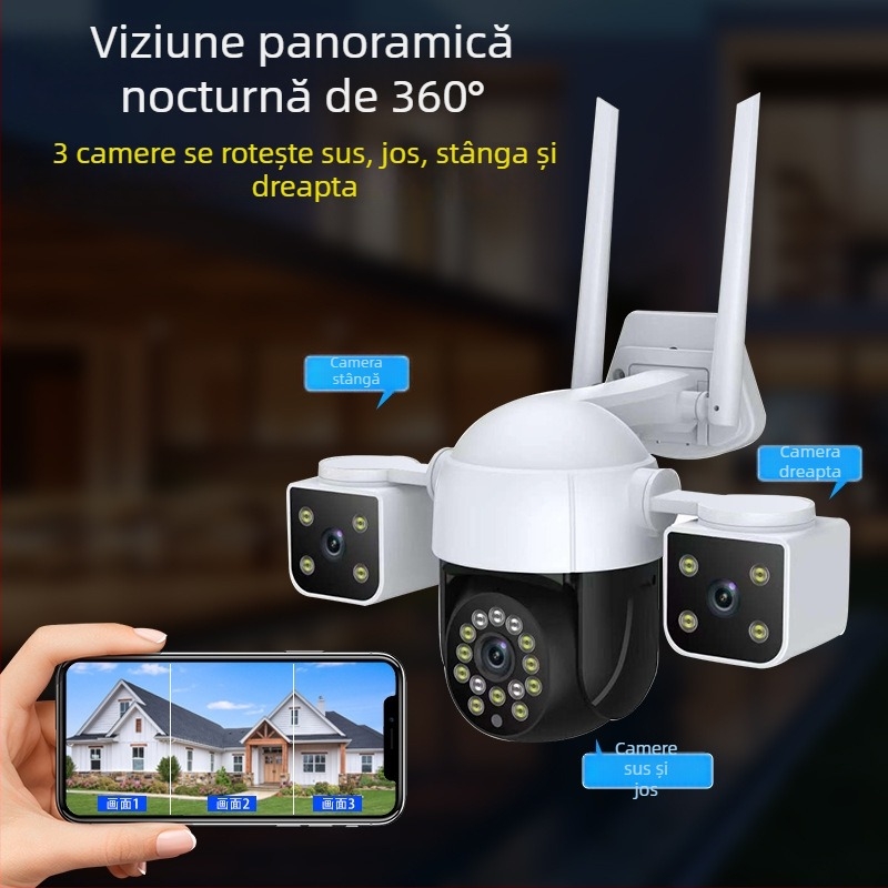 Cameră WiFi 3-axă pan-tilt 360°, 6MP, zi/noapte în culoare completă, wireless, utilizare interioară/exterioară, 0.01 lux