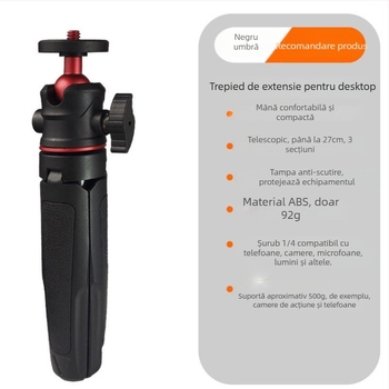 Tripod pentru telefon cu clips pentru telefon și priză rece, montaj universal E-clip, 3 secțiuni din aluminiu, sarcină 2-5 kg, greutate 250 g
