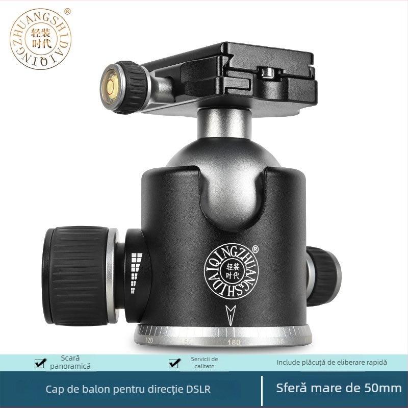 Cap de trepied sferic din aliaj de aluminiu, filet de montaj 3/8, rotire orizontală 360°, înclinare verticală 90°, greutate 0,626 kg