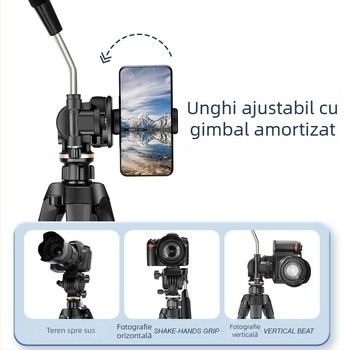 Trepied din aliaj de aluminiu, picioare cu 3 secțiuni, cap 3D, placă cu eliberare rapidă, sarcină 6–10 kg