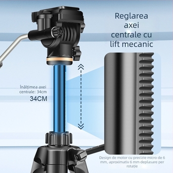Trepied din aliaj de aluminiu, picioare cu 3 secțiuni, cap 3D, placă cu eliberare rapidă, sarcină 6–10 kg