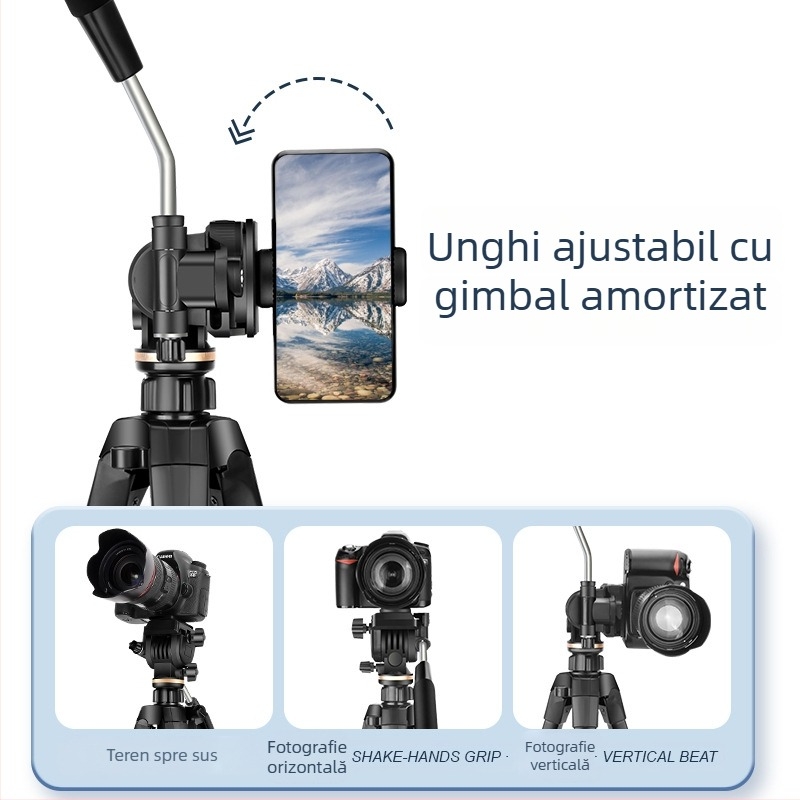 Trepied din aliaj de aluminiu, picioare cu 3 secțiuni, cap 3D, placă cu eliberare rapidă, sarcină 6–10 kg