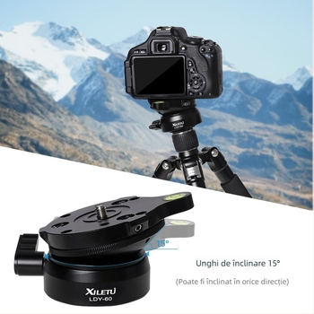 Bază de nivelare pentru DSLR — aliaj de aluminiu, montaj 3/8-inch (convertibil la 1/4-inch), greutate 290 g, compatibilă cu camere DSLR