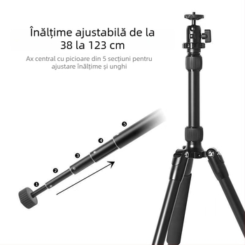 Trepied pentru cameră cu cap cu bilă, 5 secțiuni, aliaj de aluminiu, plăcuță cu eliberare rapidă, încărcare până la 2 kg
