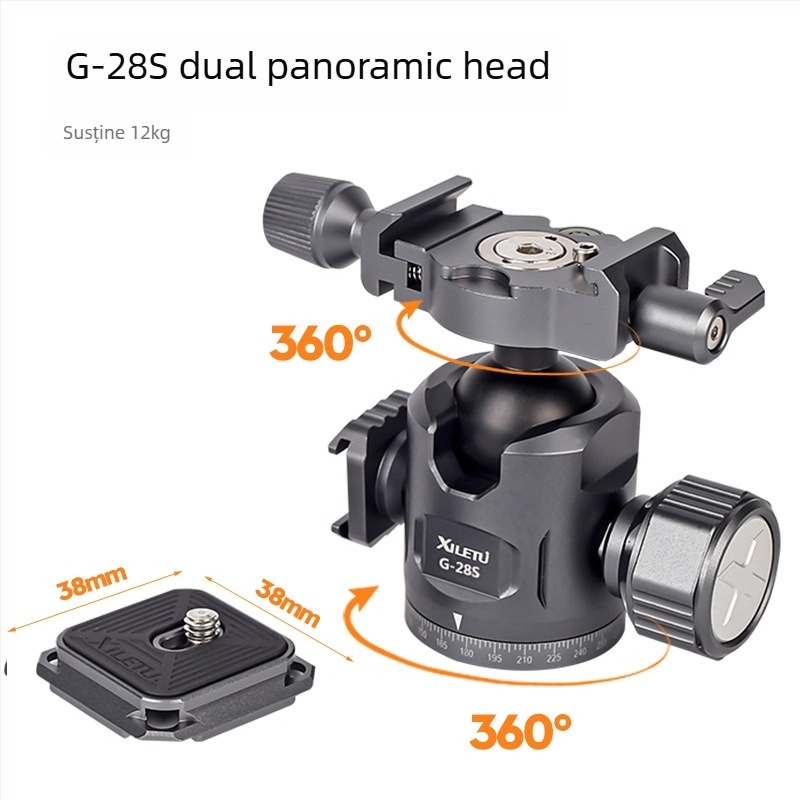 Bază panoramică sferică pentru DSLR și camere mirrorless, aliaj de aluminiu, rotație orizontală și verticală de 360°, adaptor 3/8–1/4 inch, greutate 0,24 kg