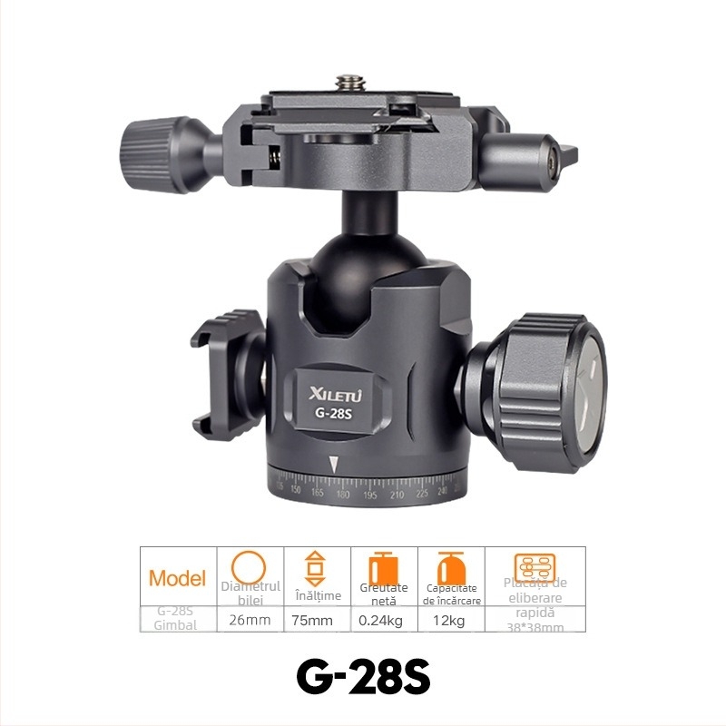 Bază panoramică sferică pentru DSLR și camere mirrorless, aliaj de aluminiu, rotație orizontală și verticală de 360°, adaptor 3/8–1/4 inch, greutate 0,24 kg