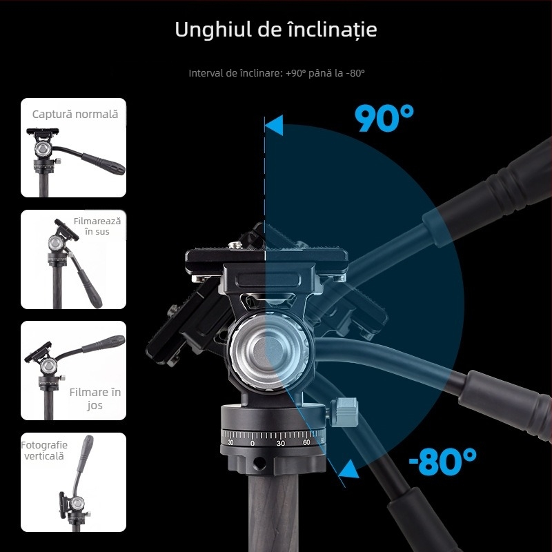 Trepied pentru cameră din fibră de carbon cu cap gimbal hidraulic, 4 secțiuni, placă de eliberare rapidă