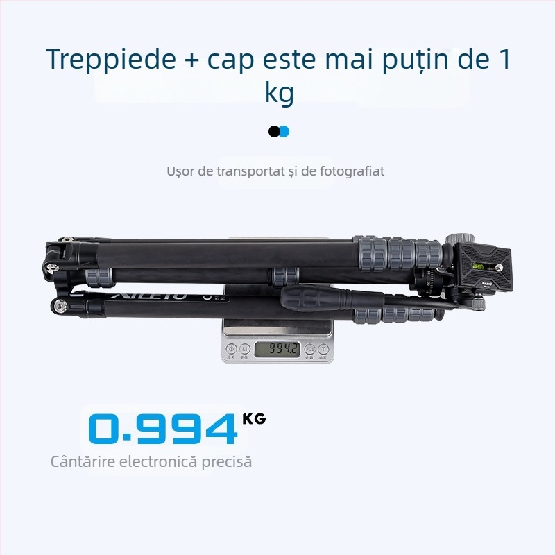 Trepied pentru cameră din fibră de carbon cu cap gimbal hidraulic, 4 secțiuni, placă de eliberare rapidă