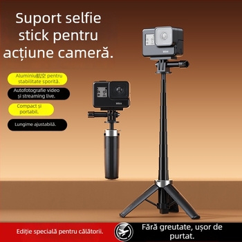 GoPro compatibil trepied din aliaj de aluminiu, selfie stick cu 5 secțiuni, portabil, telescopic, suportă până la 2 kg, greutate 70 g
