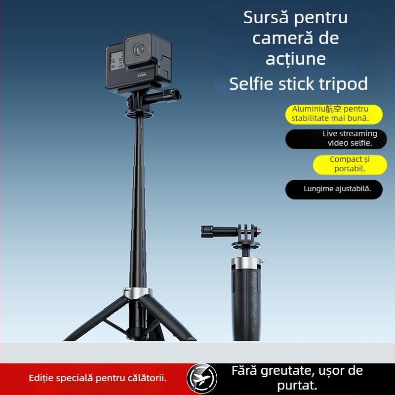 GoPro compatibil trepied din aliaj de aluminiu, selfie stick cu 5 secțiuni, portabil, telescopic, suportă până la 2 kg, greutate 70 g
