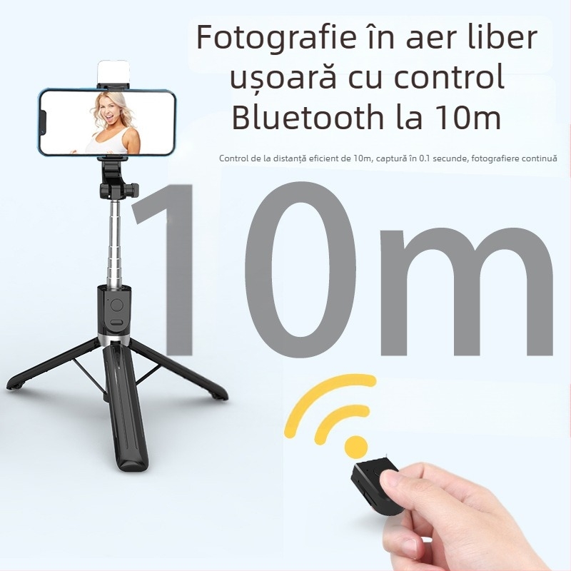 Bețișor selfie Bluetooth pentru telefon cu trepied portabil, iluminare, corp din plastic, telecomandă inclusă