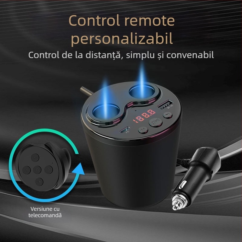 Încărcător auto, tip suport-pahar, cu Bluetooth MP3 și transmițător FM, USB, 12-24V, model G63