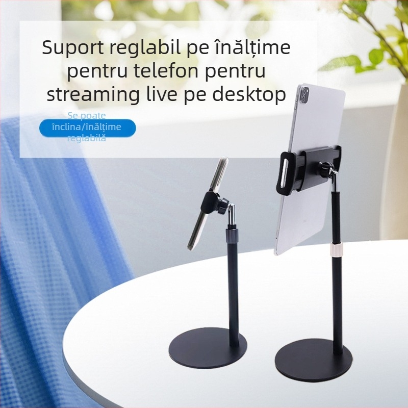 Stativ de birou pentru telefon, pentru filmări și live, cu braț telescopic reglabil, iluminare metalică și bază circulară