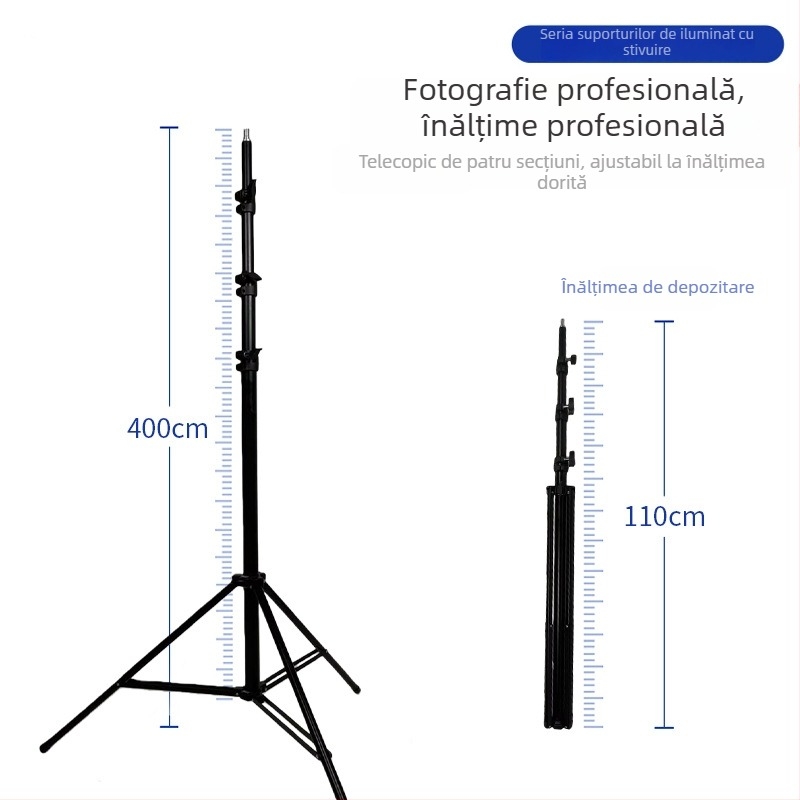 Sprijin de iluminat din aluminiu, 4 m, pentru film, TV și streaming live, 4 secțiuni, diametru 22 mm, cilindru central 40/35/30/25 mm