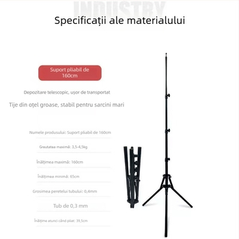 Trepied fotografic cu pliere inversă, construcție din fier și nailon; capacitate de încărcare 3,5–4,5 kg; design în 4 segmente; diametrele tuburilor: principale 0,4 mm, picioare 0,3 mm.