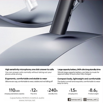 Remax Ruiliang Cască Bluetooth pentru mașină 5.4, hands-free, stereo, rază 10 m, baterie 4–8 h