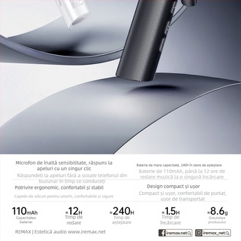 Remax Ruiliang Cască Bluetooth pentru mașină 5.4, hands-free, stereo, rază 10 m, baterie 4–8 h