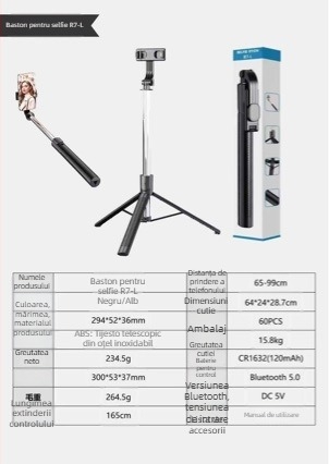 Baston pentru selfie cu telecomandă Bluetooth, suport pentru telefon extensibil, stabilizare a imaginii, iluminare de completare, ABS + oțel inoxidabil