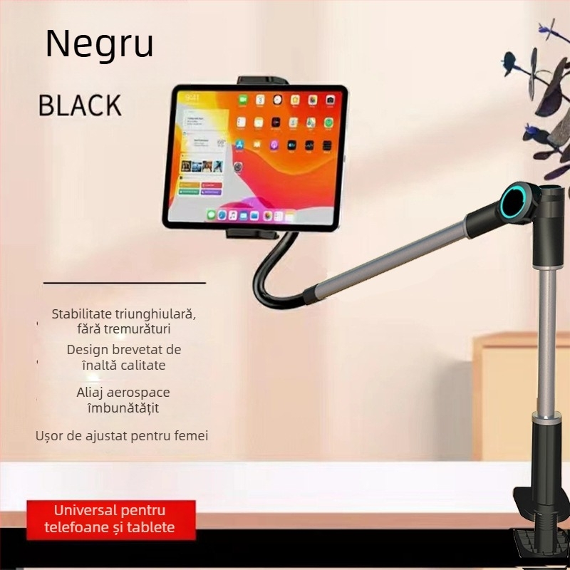Lychee Lazy Stand — Suport universal pentru telefon/tabletă, braț cantilever, metal+ABS, rotativ și pliabil