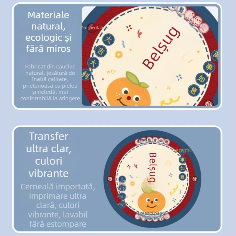 Pad pentru mouse rotund, design desen animat, suprafață anti-derapare, cauciuc natural, imprimare prin transfer termic, personalizare disponibilă