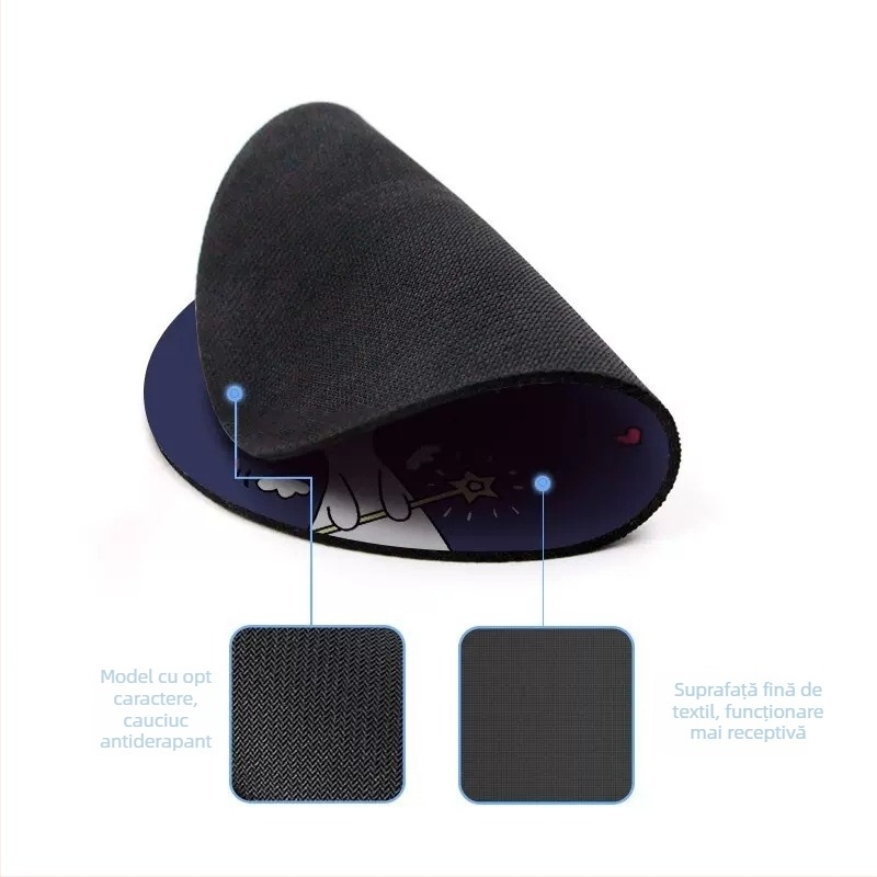 Pad pentru mouse rotund, design desen animat, suprafață anti-derapare, cauciuc natural, imprimare prin transfer termic, personalizare disponibilă