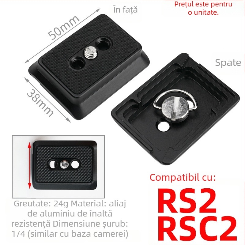 Plăcuță de eliberare rapidă pentru stabilizatoarele DJI RSC2/RS2/RS3 – aliaj de aluminiu, capacitate 2–5 kg, greutate 24 g