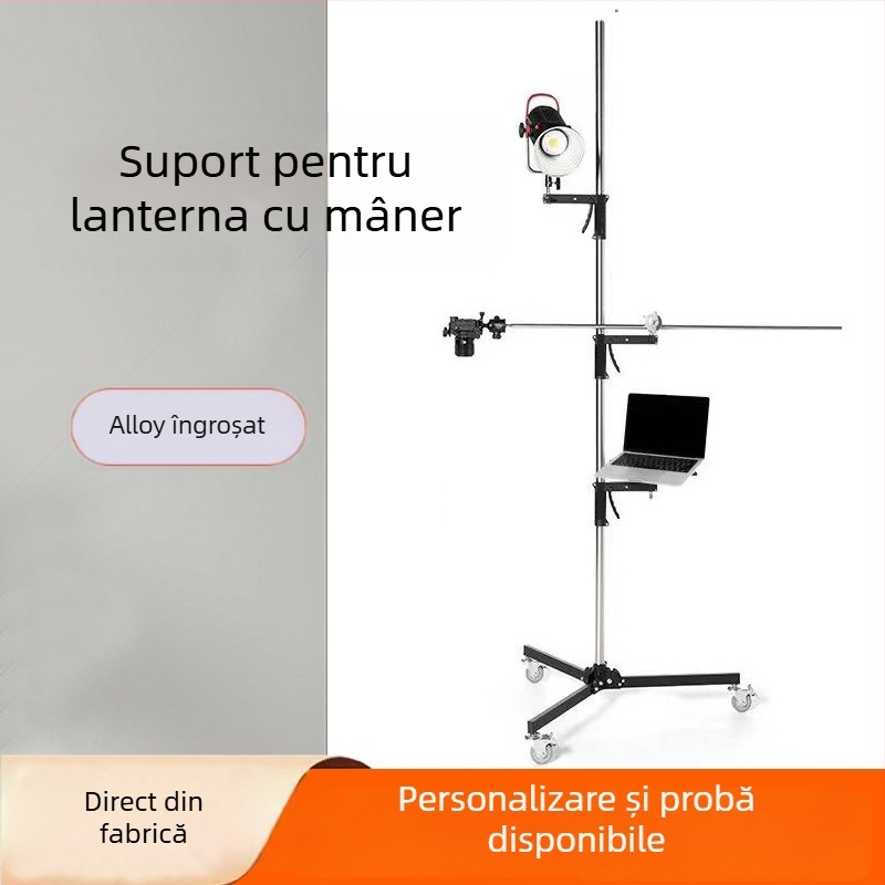 Stativ de iluminat din oțel inoxidabil cu suport pentru telefon și trepied deasupra, 3 secțiuni, diametru tub 35 mm, greutate 10 kg, înălțime pliere 73 cm