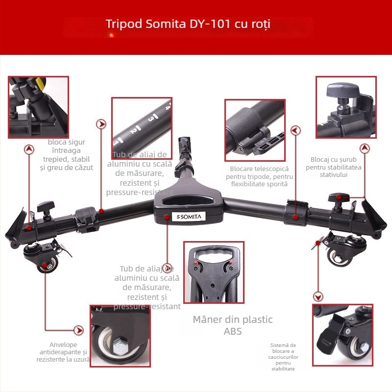 Bază de trepied cu role DY-101 | aliaj de aluminiu | capacitate de încărcare 30 kg | greutate 1.1 kg | lungime pliată 440 mm