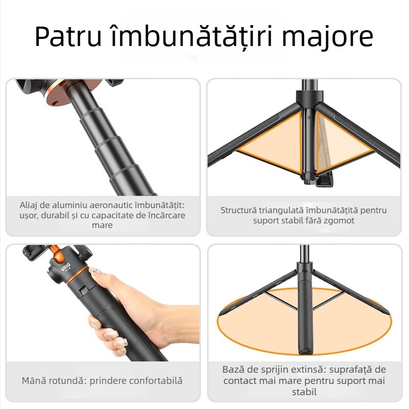 VRIG TP-16 Trepied pentru cameră cu cap PTZ 3D, aliaj de aluminiu, 5 secțiuni, încărcare până la 2 kg