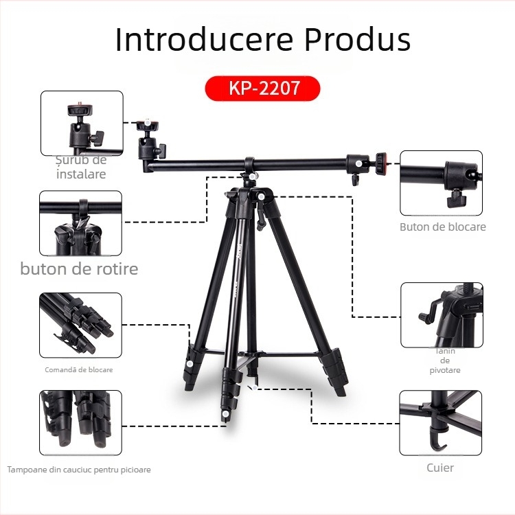Tripod KP-2207 pentru telefon mobil, 3D PTZ, aliaj de aluminiu, 4 noduri, placă cu eliberare rapidă, sarcină de 2 kg