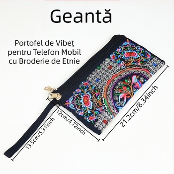 Geantă de mână brodată, stil etnic, mică pătrată pentru telefon, poliester, căptușeală din pânză, fermoar