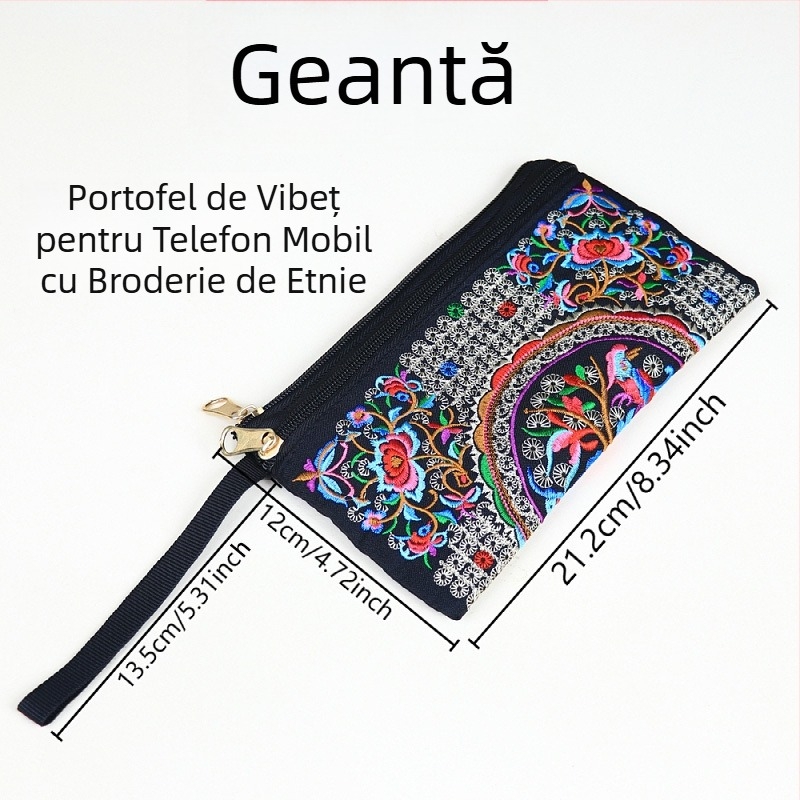 Geantă de mână brodată, stil etnic, mică pătrată pentru telefon, poliester, căptușeală din pânză, fermoar