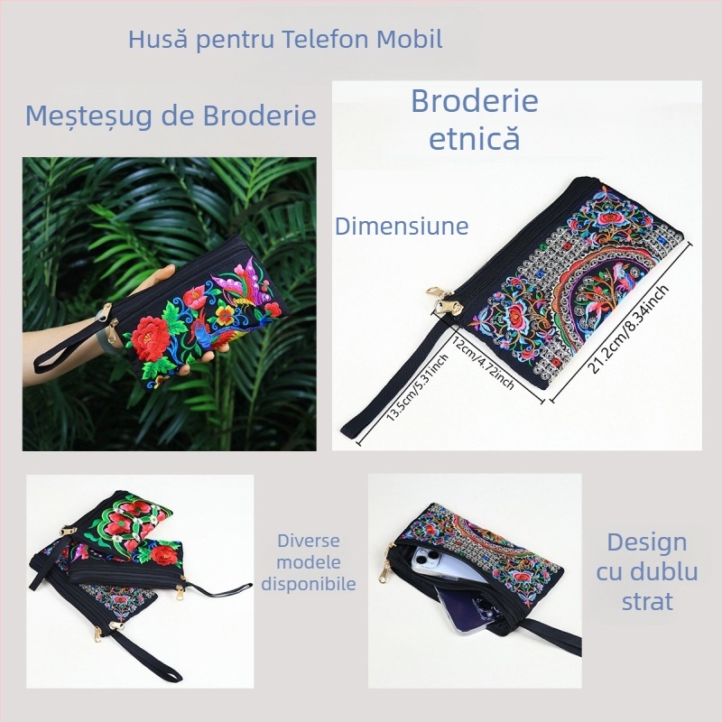 Geantă de mână brodată, stil etnic, mică pătrată pentru telefon, poliester, căptușeală din pânză, fermoar