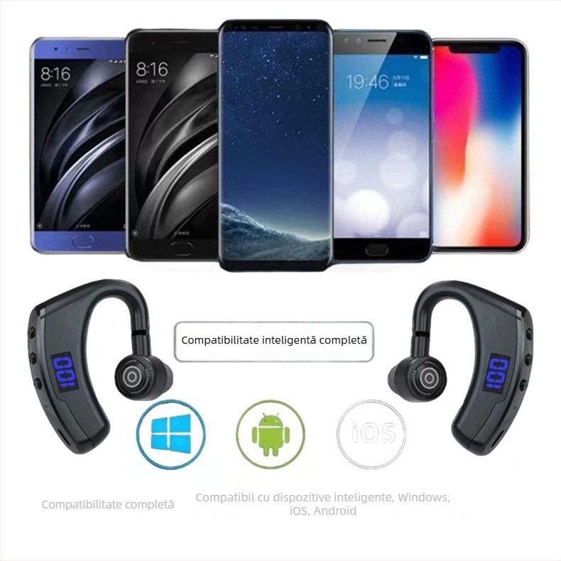V9 Căști Bluetooth cu clips pe ureche, afișaj LED, Bluetooth 5.2, rază de până la 10 m, mono hands-free