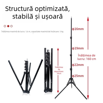 Stativ de iluminat telescopic, din țevi de fier și plastic; 4 secțiuni; sarcină 5 kg; diametru țeavă 16/19/22/25 mm; marcă Yutian