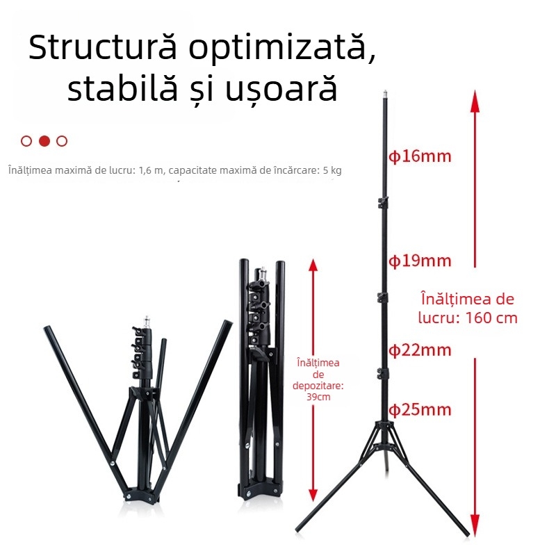 Stativ de iluminat telescopic, din țevi de fier și plastic; 4 secțiuni; sarcină 5 kg; diametru țeavă 16/19/22/25 mm; marcă Yutian