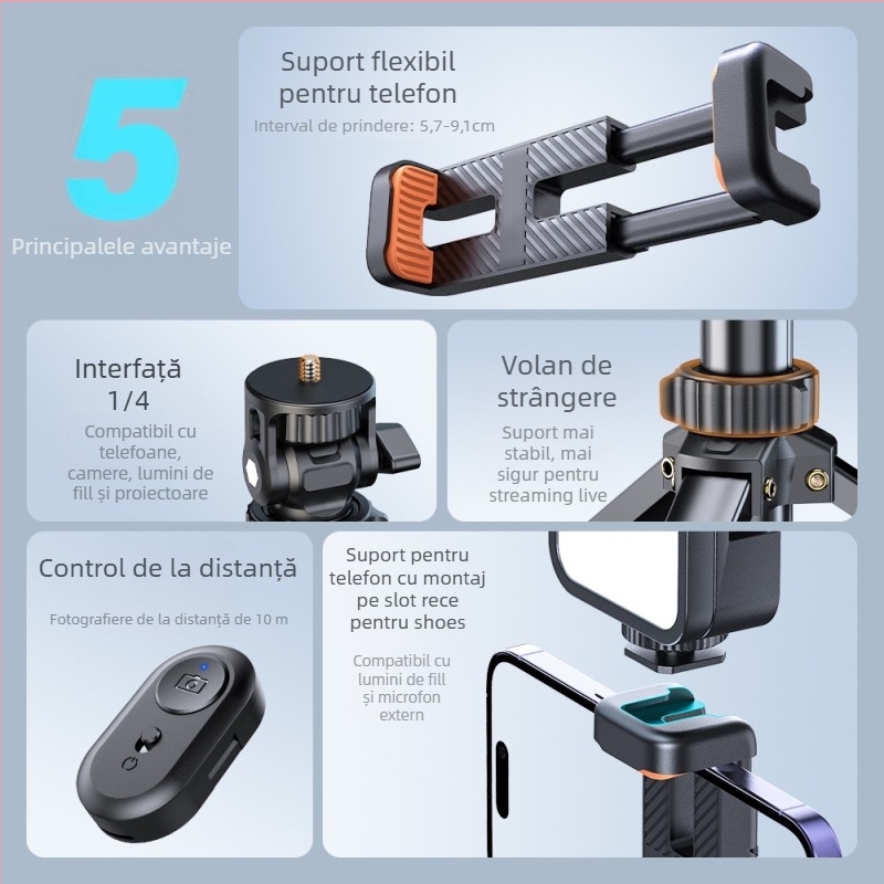 Tripod de podea pentru telefon și cameră, fotografie în aer liber, înălțime de lucru 1,8 m, diametrul țevilor de 25 mm, 5 secțiuni, aliaj de aluminiu + ABS, încărcare 2–4 kg