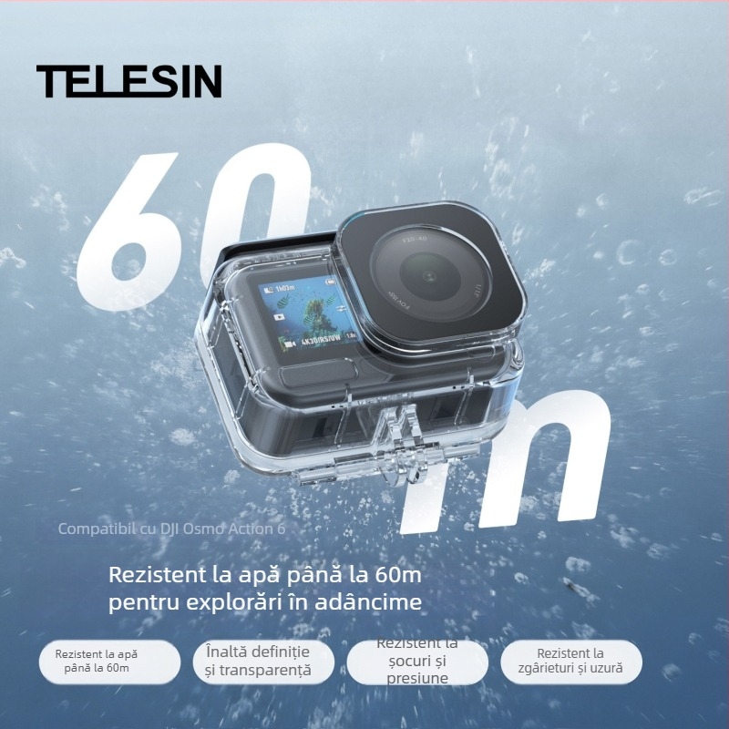 Carcasă impermeabilă Taixun pentru DJI Osmo Action6, 60 m adâncime de scufundare, Material PC, Include folie anti-ceață