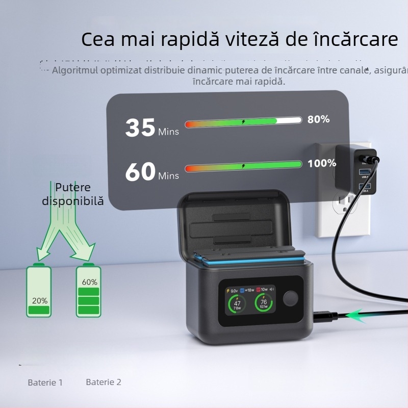 SYMIK Insta360 X5DC Cutie de încărcare pentru baterie, USB-C, Carcasă PC, 10.5W descărcare, 20W pe canal (până la 27W în total)