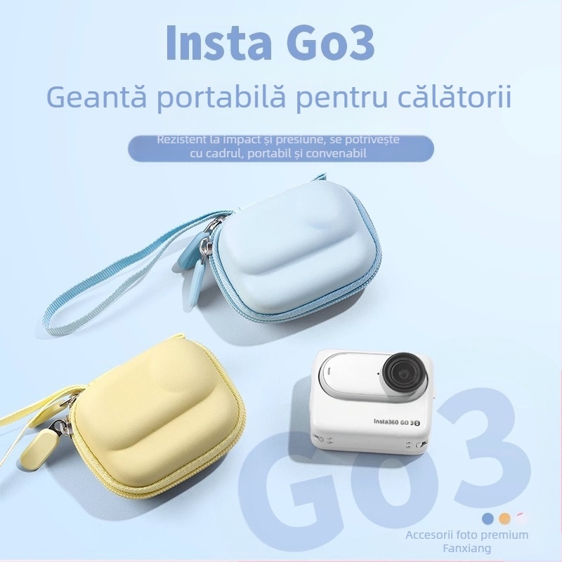 Husa de depozitare Insta360 GO3/GO3S — carcasă EVA, impermeabilă, compactă, dimensiuni 61.3 × 16.0 × 10.9 mm